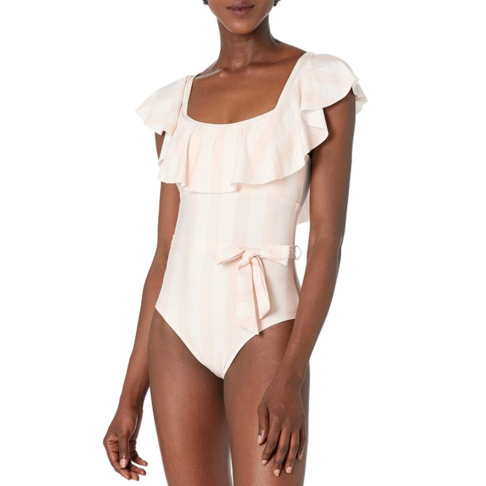 NWT Splendid Swimsuit Long Lines One Piece Pink Striped Ruffle Coquette Nautical